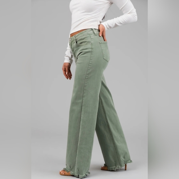 RISEN High Rise Wide Leg Olive Denim Jeans Classic Frayed Hem Size 1/25 NEW - Picture 8 of 15